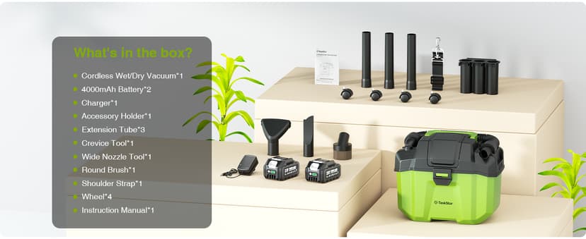 TaskStar Cordless Shop Vac, 2.6 Gal 2x4.0Ah Battery Powered Shop Vac, 3-in-1 Cordless Shop Vacuum Wet and Dry with Strap, 4 Wheels, Accessory Storage Holder, Ideal for Garage, Car, Workshop