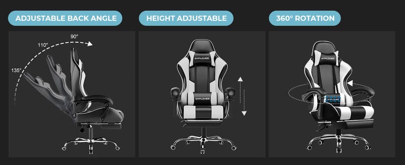 GTPLAYER Gaming Chair, Computer Chair with Footrest and Lumbar Support, Height Adjustable Game Chair with 360°-Swivel Seat and Headrest and for Office or Gaming (White)