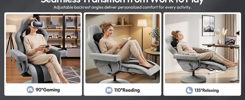 Dowinx Racing Style Gaming Recliner Chair with Massage Lumbar Support, Footrest, Cup Holder, Side Pouch, High Back Ergonomic Video Game Chair Reclining No Wheels Heavy Duty, Fabric Gray