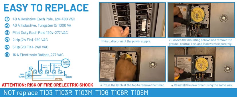 T104M Mechanical Time Switch (Mechanism Only), 208-277V AC 40A DPST, 24-Hour Dial with 12 ON/Off Trips, Heavy-Duty Timer Switch for Pool Pumps Water Heater Lighting and HVAC, with 4 Timer Trippers
