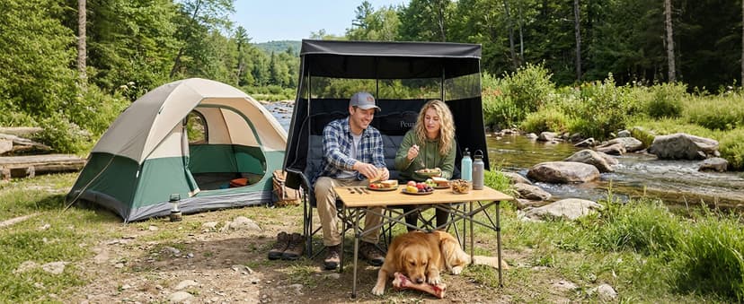 Double Camping Chair with Canopy Heavy Duty 2 Person Folding Loveseat Beach Chair with Shade High Back Oversized Outdoor Camping Couch with Cup Holders & Wine Racks for Lawn, Fishing, Sports