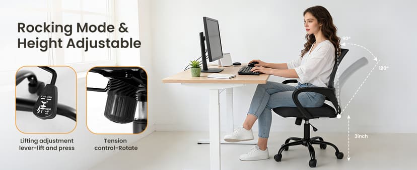 OLIXIS Office Desk Chair - Ergonomic Mid Back with Lumbar Support & Rocking Mode, Height Adjustable with Fixed Armrest, Storage Back for Computer, Gaming, Conference, Meeting, 360° Swivel, Black