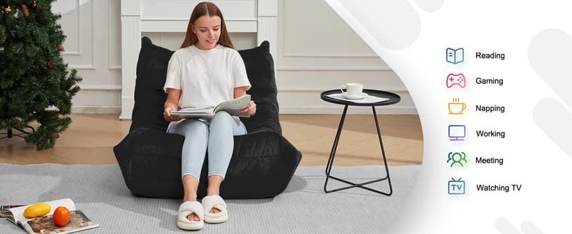 Bean Bag Chairs for Adults Giant Bean Bag Chair Memory Foam BeanBag Chair Bean Bag Sofa with Filler Faux Fur Fireside Beanbags Lazy Sofa for Living Room Bedroom Office (Black Plush, Single)