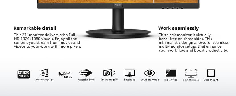 Philips New 27-inch Class Thin Full HD (1920 x 1080) 100Hz Monitor, VESA, HDMI x 1, VGA Port x1, Eye Care, 4 Year Advance Replacement Warranty, 271V8LB, Black