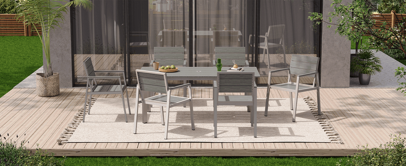 Outdoor Dining Set, Patio Table and Chairs Set with Umbrella Hole, 7 Pieces HDPS + Aluminum Patio Dining Furniture Set for Backyard, Garden (Gray & Teak)