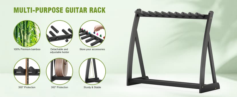 Adjustable Multi Guitar Stand Rack - Bamboo Guitar Case Stands Floor 1-9 Guitar Holder for Multiple Guitars Acoustic Electric Guitar & Bass Guitar Bag Padded Guitar Display for Band Home Stage Studio