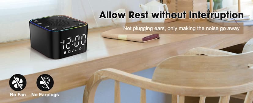 Alampan White Noise Sound Machine with Alarm Clock, 30 Soothing Sounds, Noise Machine for Sleeping, RGB Night Light, Digital Clock, Adults, for Bedside, Nightstand, Including Fan, Rain, Bird, Ocean