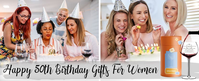 NewEleven 50th Birthday Gifts For Her, Women - Vintage 1975 50th Birthday Decorations For Women - 50 Year Old Present Ideas For Wife, Mom, Grandma, Aunt, Friends, Female - 16 Oz Wine Glass