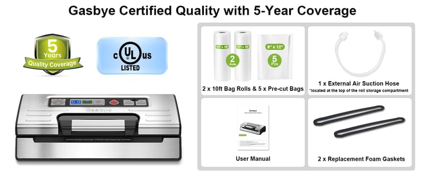 Gasbye Vacuum Sealer Machine, 95kPa Food Sealer with Double Heat Seal for Dry/Moist Food, Easy-lock Handle, Built-in Bag Storage & Cutter, Progress Display, Removable Drip Tray, Silver