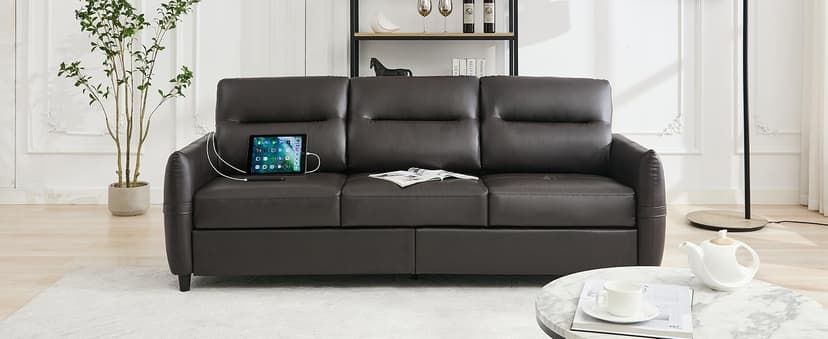 STHOUYN 85” Black Faux Leather Couch with USB, 3 Seater Sofa Couches for Living Room, Large Mid Century Modern Office Apartment Couch (Black)