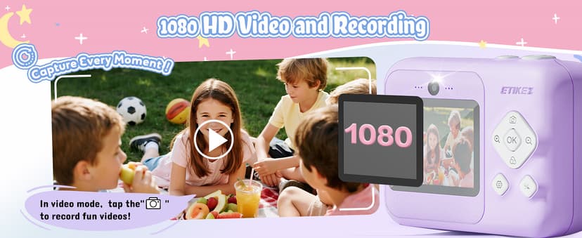 Kids Camera, 1080P Instant Digital Print Camera for Kids, Christmas Birthday Gifts for 4 5 6 7 8 9 10 Year Old Girls Boys, Portable Toy with 32GB SD Card & 3 Rolls Printing Paper, Purple