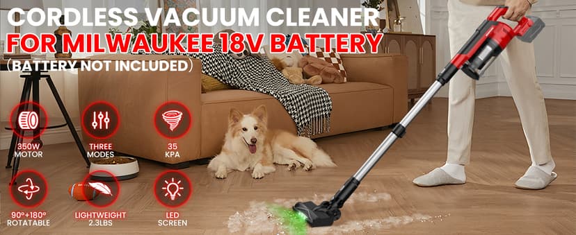 ZEXAPE Cordless Vacuum Cleaner for Milwaukee M18 Battery, 7-in-1 Lightweight Stick Vacuum with HEPA Filter, 35KPA Suction, 350W Brushless Motor, 3 Modes for Floor, Carpet, Car(Battery Not Included)