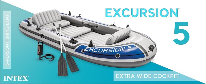 Intex Excursion 5 Person Inflatable Outdoor Fishing Raft Boat Set with 2 Aluminum Oars and Air Pump with a Intex Composite Motor Mount Kit