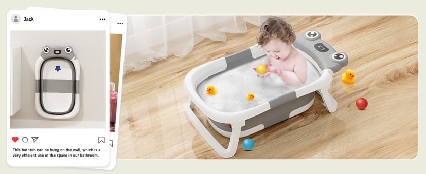 BUNWAG Baby Bathtub, Collapsible Newborn Bathtub for Infant to Toddler with Soft Cushion and Thermometer,Portable Travel Newborn Tub with No-Slip Feet, Baby Shower Gifts, 0-12 Months Baby Bath, Grey B0CTJXJL4T