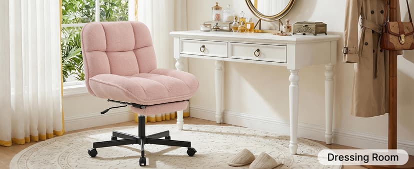 Criss Cross Office Chair with Foot Rest, Thick Cushioned Cross Legged Office Chair, Armless Wide Seat Reclining Desk Chair, Height Adjustable Criss Cross Chair for Home Office,Vanity, Pink