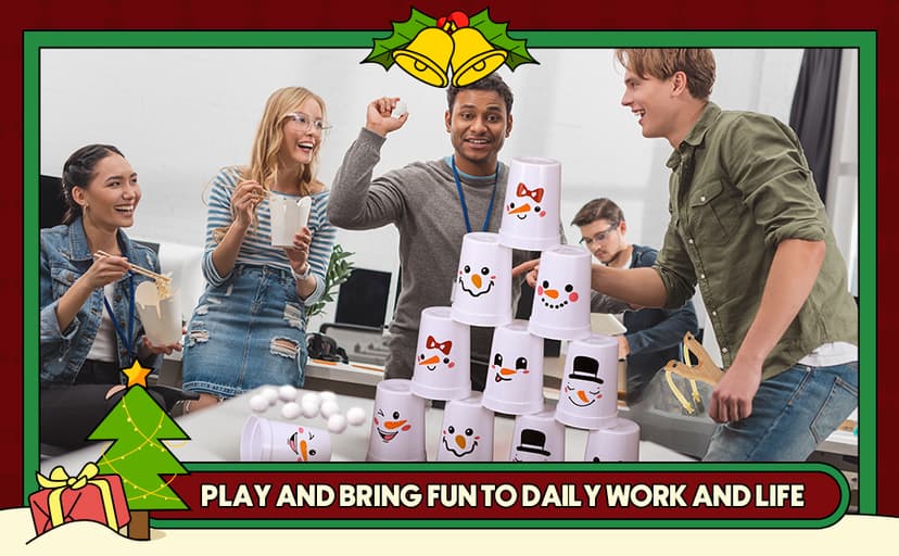 Leitee Christmas Party Games for Family Kids Adults Christmas Games with 24 Stacking Cup 2 Wooden Slingshot 2 Spare Slingshot Rubber Band 20 Felt Fake Snowball for Toss Carnival Parties Group Xmas Fun