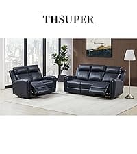THSUPER Black Leather Power Recliner Sofa Loveseat Sets with Arm Storage and Power Headrest, Leather Living Room Reclining Sofa and Loveseat Set with Cup Holders and Bluetooth Speaker. | Breathable material, LED ambient light, Reading light, Hidden outlet, USB and Type-C port