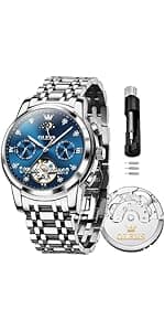 OLEVS Automatic Watches for Men Self Winding Mechanical Wristwatch Luxury Business Dress Stainless Steel Luminous Waterproof Calendar Mens Watch