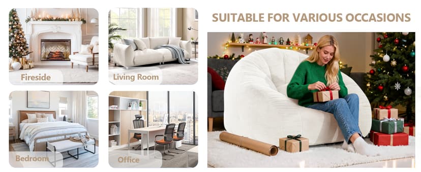 Bean Bag Chair for Adults, Soft Faux Fur Giant Beanbag Chairs, Oversized Cozy Bean Bag Couch Large Reading Chair, Comfy Bean Bag Sofa for Living Room, Bedroom & Dorm, Beige