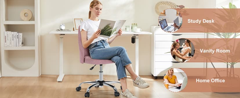 DUMOS Office Chair, Comfy Desk Chair Rolling Vanity Swivel Task Chairs with Wheels, Wide Seating Armless Height Adjustable Computer Chairs for Home,Bedroom,Student,Adults, Blush