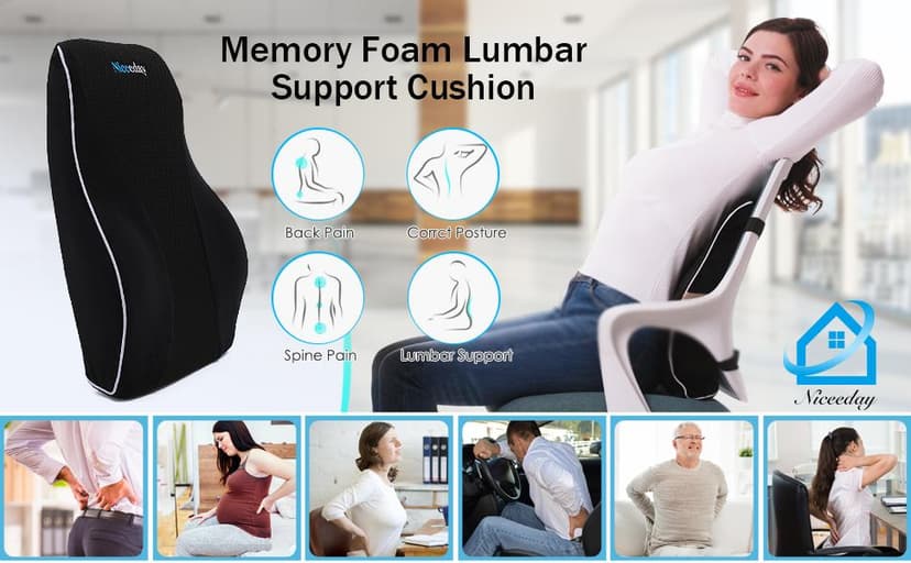 Niceeday Lumbar Support Pillow for Office Chair Car Back Support Pillow, Memory Foam Gaming Chair Desk Chair Back Cushion for Lower Back Pain Relief, Ergonomic Back Rest,Office Home Essentials