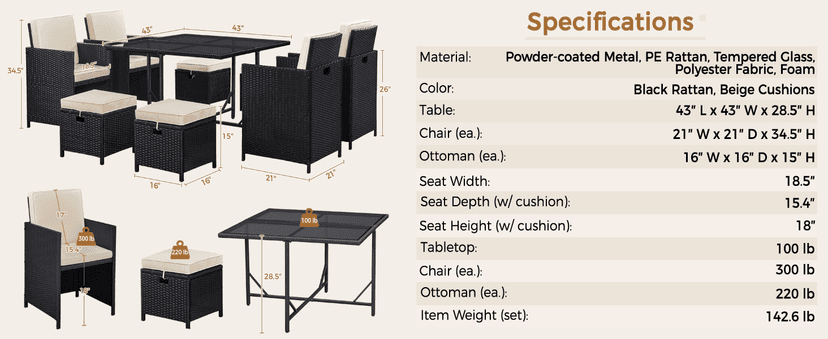 Yaheetech 9-Piece Patio Dining Sets, Outdoor Space Saving Rattan Chairs with Glass Table, Wicker Sectional Conversation Furniture Set with Removeable Cushions, Black/Beige