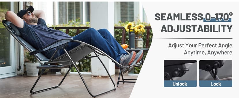 Timber Ridge Oversized Zero Gravity Chair, 33In Wide XXL Zero Gravity Reclining Chair with Side Table, Full Padded Lounge Chair for Outdoor Camping Patio Lawn, Heavy Duty Supports 500lbs, Grey-1 Pack
