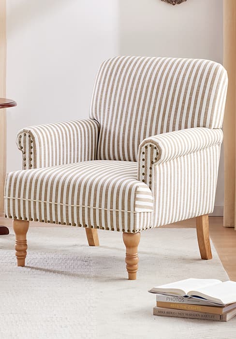 HUIMO Linen Fabric Accent Chair, Mid-Century Modern Armchair with Solid Wood Legs, Single Sofa Chair,Upholstered Reading Club Chair (1, Dark Blue and White Stripe)
