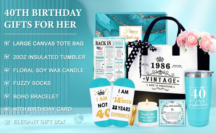 40th Birthday Gifts Women 40 Year Old Birthday Gifts dor Women Happy 40th Bday Gift for Her 40 and Fabulous Gift Ideas for Woman 40s Forty and Fabulous Decorations Set with Tumbler Tote Bag Socks B0G1LHRFHN