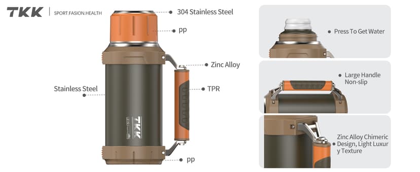 Large Coffee Vacuum for Hot Drinks Stainless Steel 2QT 64oz Insulated Bottle With Cup Handle Keeps Liquids Hot And Cold For Up To 24 For Outdoor Gathering Camping
