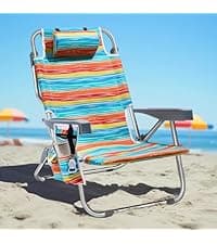 PASAMIC Backpack Beach Chair for Adults Portable, Lay Flat Reclining Beach Chair with 5 Positions, Tall Heavy Duty Folding Chairs with Cup Holder, Cooler Pouch, Towel Bar, Multicolor Stripe