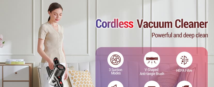 Cordless Vacuum Cleaner, 450W/40Kpa Stick Vacuum with Powerful Suction, 50Min Vacuum Cleaner for Home, Anti-tangle and 1L Dust Cup, 8 in 1 Lightweight Vacuum for Hardwood Floor Carpet Pet Hair