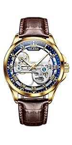 OLEVS Men Automatic Watch Skeleton 5 Hands Mechanical Classic Luxury Multi Calendar Stainless Steel Waterproof Wrist Watch for Men