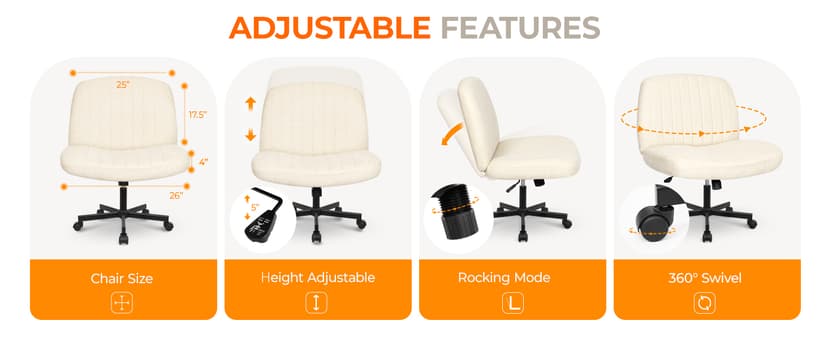 Orange Factory Criss Cross Chair Wheels Wide Cross Legged Office Desk Vanity Chair Comfy Fabric Armless Adjustable Swivel for Home Computer Task (Beige Wheel, Fabric)