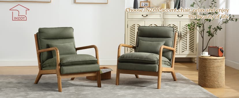 INZOY Mid Century Modern Accent Chair with Wood Frame, Upholstered Reading Armchair with Waist Cushion, Double Padded Accent Chair, Side Chair for Living Room Bedroom Office, Easy Assembly, Green