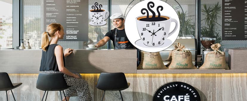 Fomaris Kitchen Clock Coffee Cup Wall Decor, Cafe Decorative Kitchen Wall Clocks Battery Operated for Home Office