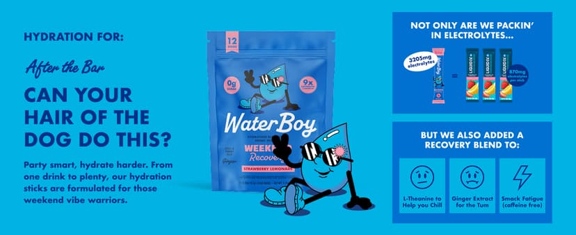 Waterboy Weekend Recovery Sample Pack | 3,200mg Electrolyte Powder Packets | Ginger + L-Theanine + Vitamins | No Sugar, All Natural, Gluten Free | 12 Drink Stick Mixes (Sample Pack)