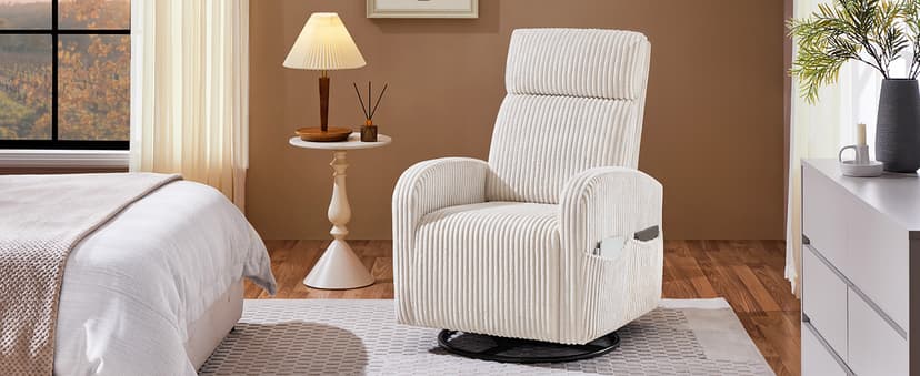 Yaheetech 360° Swivel Glider Chair for Nursery, Rocking Chair Nursing Chair with Side Pockets, Corduroy Glider for Living Room with High Back Beige