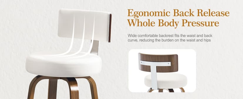 Bekrvio Swivel Counter Height Bar Stools Set of 3, Faux Leather Kitchen Stools Upholstered Barstools with Back, Walnut Wood Legs, Mid Century Island Chairs Counter Stools, 26" Seat Height, White