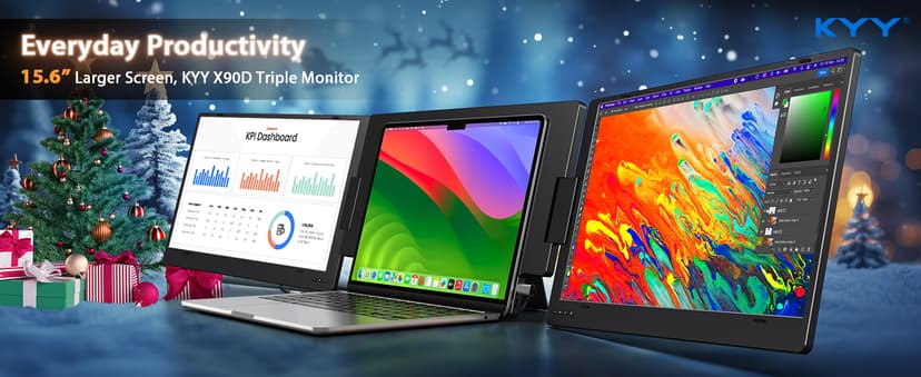 KYY 15.6" Laptop Screen Extender, 1080P FHD IPS Portable Monitor, One Cable USB-C Triple Monitor, Dual Travel Screen for 12"-17'' Laptops, 360° Rotation & Kickstand,X90D (Driver Need)