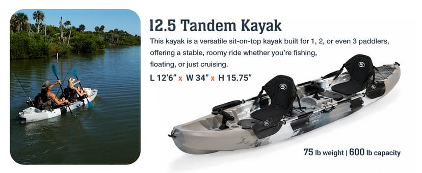 Brooklyn 12.5 Tandem Sit-On-Top Fishing Kayak by BKC, 2–3 Person Kayak with Padded Seats, Paddles, 6 Rod Holders, 600 lb Capacity, Motor-Ready