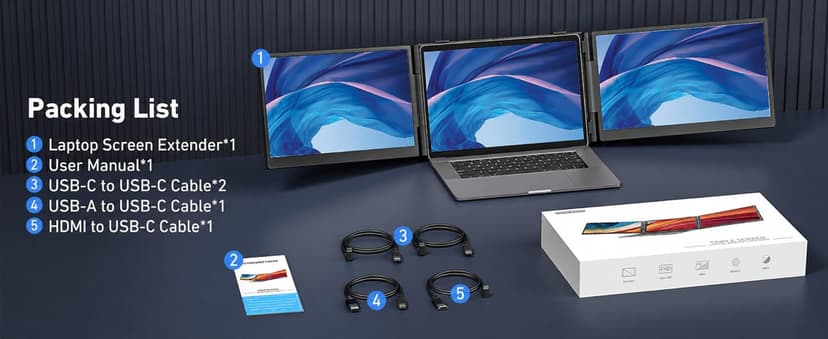 Vixtan 14" Triple Laptop Screen Extender, 3.0 lbs Lightweight FHD IPS Portable Monitor for Laptop, USB-C Plug & Play Multi Screen Attachment for 13-17.3" laptops with Windows/Mac/Chrome