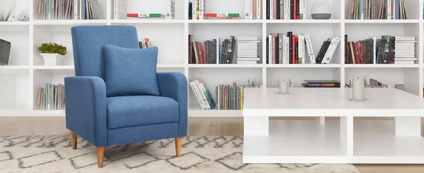 COLAMY Modern Upholstered Accent Chair Armchair with Pillow, Fabric Reading Living Room Side Chair,Single Sofa with Lounge Seat and Wood Legs, Blue