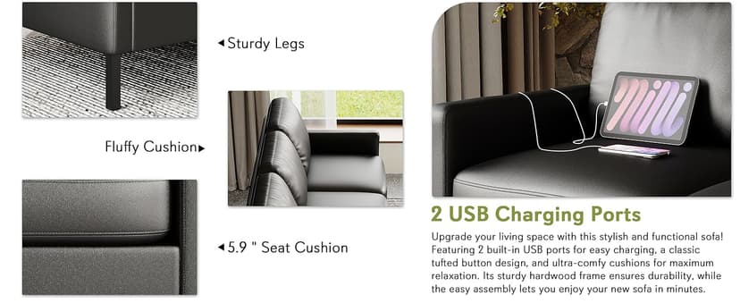 STHOUYN 72" W Faux Leather Black Sofa 3 Seat Couch, Modern Comfy Couch with 2 USB, Small Couches for Living Room Apartment Bedroom Small Spaces, Office(Black (Sofa))