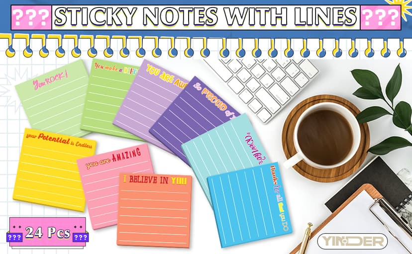 Yinder 24 Pcs Inspirational Sticky Notes with Lines Cute Motivational Sticky Notes Pad Employee Appreciation Gifts Bulk for Teacher Nurse Coworkers Office 3 x 3''(Dark Color,Appreciation)