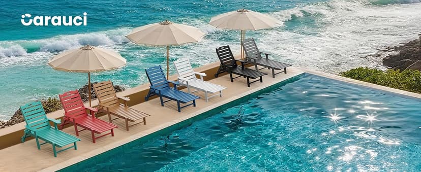 Carauci Lounge Chair Outdoor Set of 2, HDPE Chaise Lounge with Wheels, 5-Position Adjustable Backrest & 2 Cup Holders Patio Lounge Chair, All-Weather Pool Sun Lounger for Poolside, Backyard, Black
