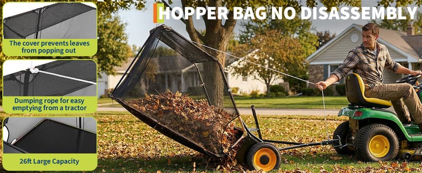 44 Inch Tow Behind Lawn Sweeper, 26 cu. ft. Large Pull Behind Grass Sweeper Heavy Duty Leaf & Grass Collector with Dumping Rope Design, Adjustable Sweeping Height for Yard and Grass Cleanup Tool