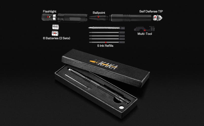 The Most Loaded 6-in-1 Tactical Pen: Solves Other Brands' Weaknesses,Self Defense Tip + Flashlight + Ballpoint + Bottle Opener + Screw Driver + Hexagonal Wrench, 5 Ink Refills + 6 Batteries + Gift Box B07RDGN4HD