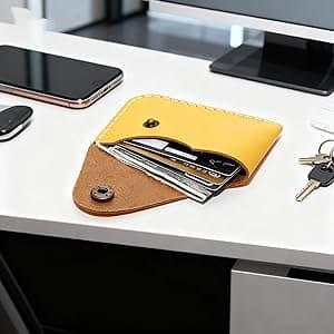 Handmade Handmade Genuine Leather Card Holder with Snap Closure - Ultra Slim Minimalist Wallet, Hand-Stitched Compact Front Pocket Card Case for Men & Women (Dark Coffee)