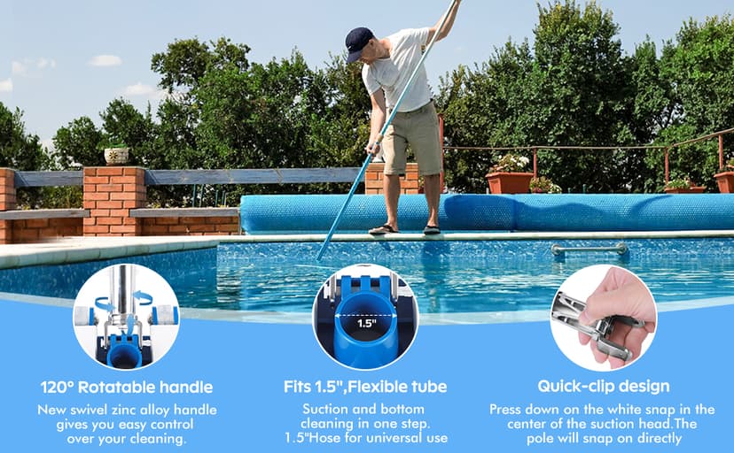 Pool Vacuum Head, Manual Cleaning Vacuum with Wheels 14'' Heavy Duty Handle Pool Vacuum Heads for Inground & Above Pools with Flexible Swivel, Swimming Pool Head for Absorb